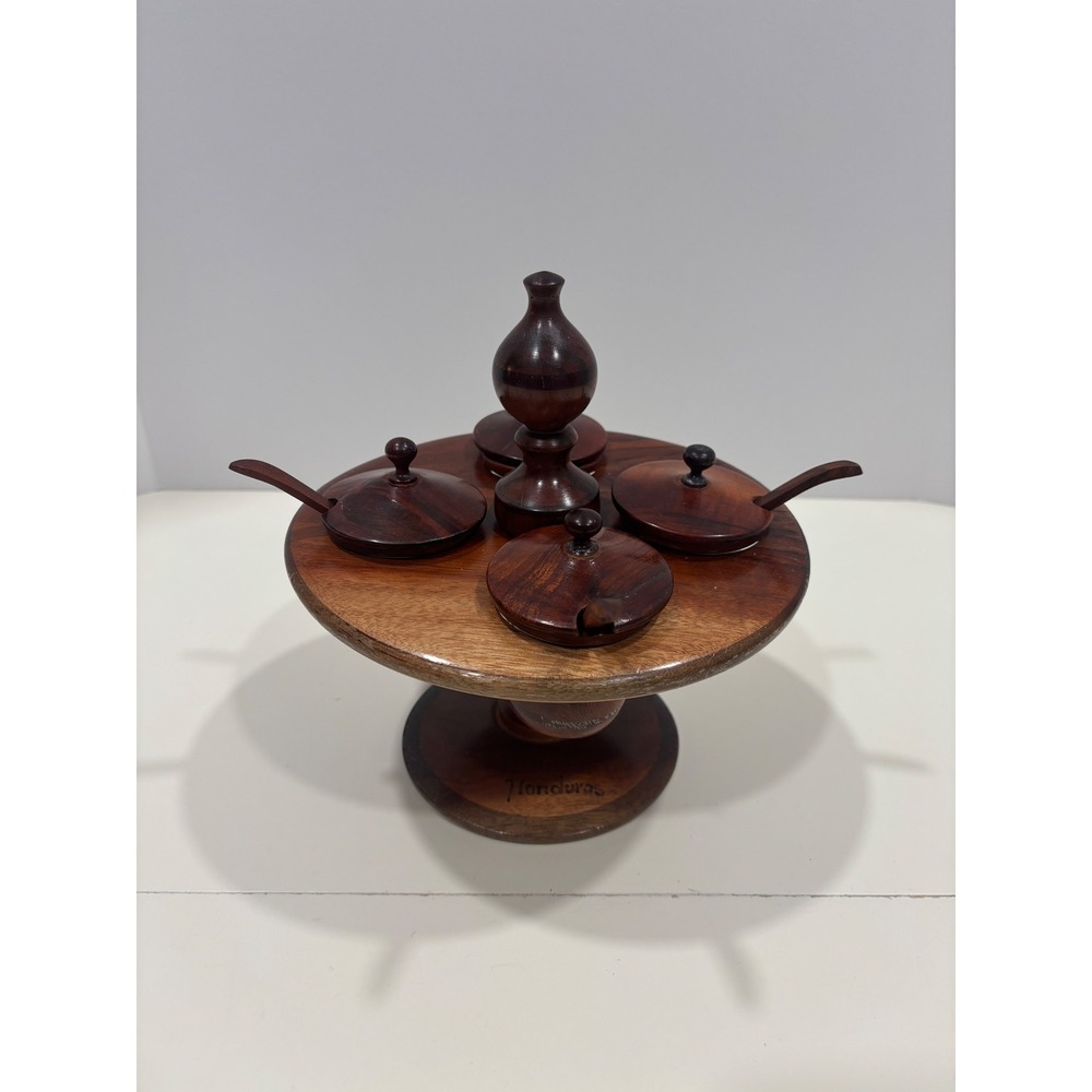 Vintage Roatan Honduras Hand Carved Wood Condiment Set Carousel 4 Jars Spoons